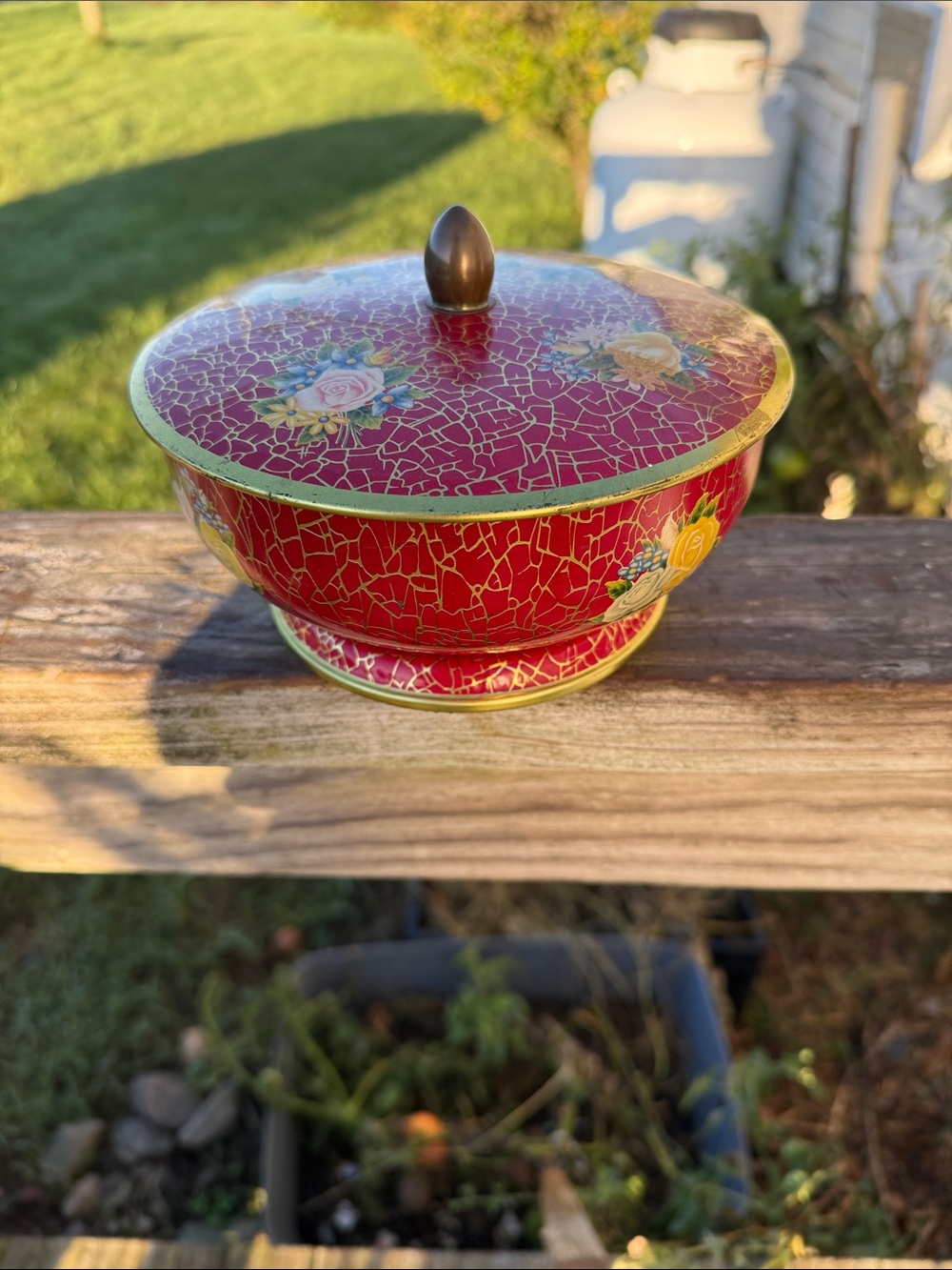 Vintage Decorative Red Floral Lidded Trinket Bowl